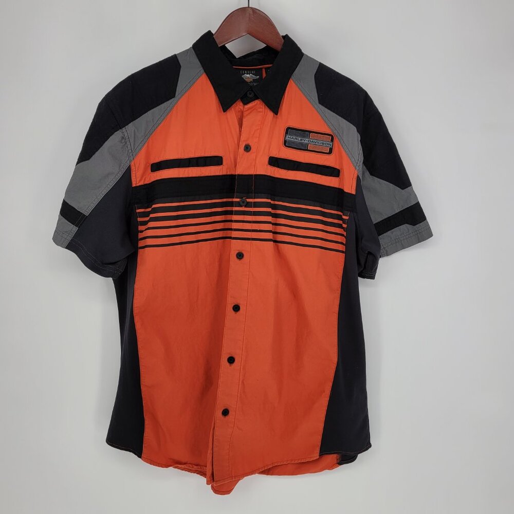 Men’s XL Harley-Davidson Orange & Navy Short-Sleeve Button-Up Breathable Sides